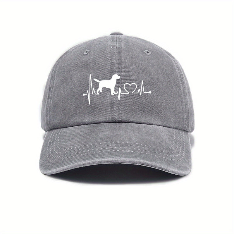 Boné de basebol vintage ajustável com impressão de batimentos cardíacos de cão - Proteção solar, estilo casual de rua, poliéster, disponível em preto, bege, rosa, azul escuro e cinzento-1A