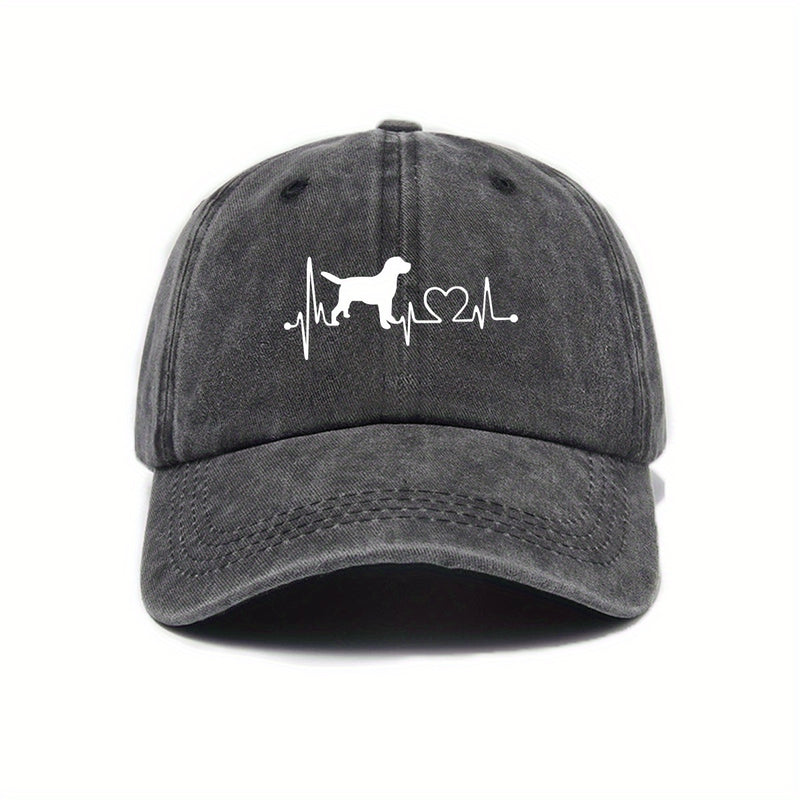 Boné de basebol vintage ajustável com impressão de batimentos cardíacos de cão - Proteção solar, estilo casual de rua, poliéster, disponível em preto, bege, rosa, azul escuro e cinzento-1A