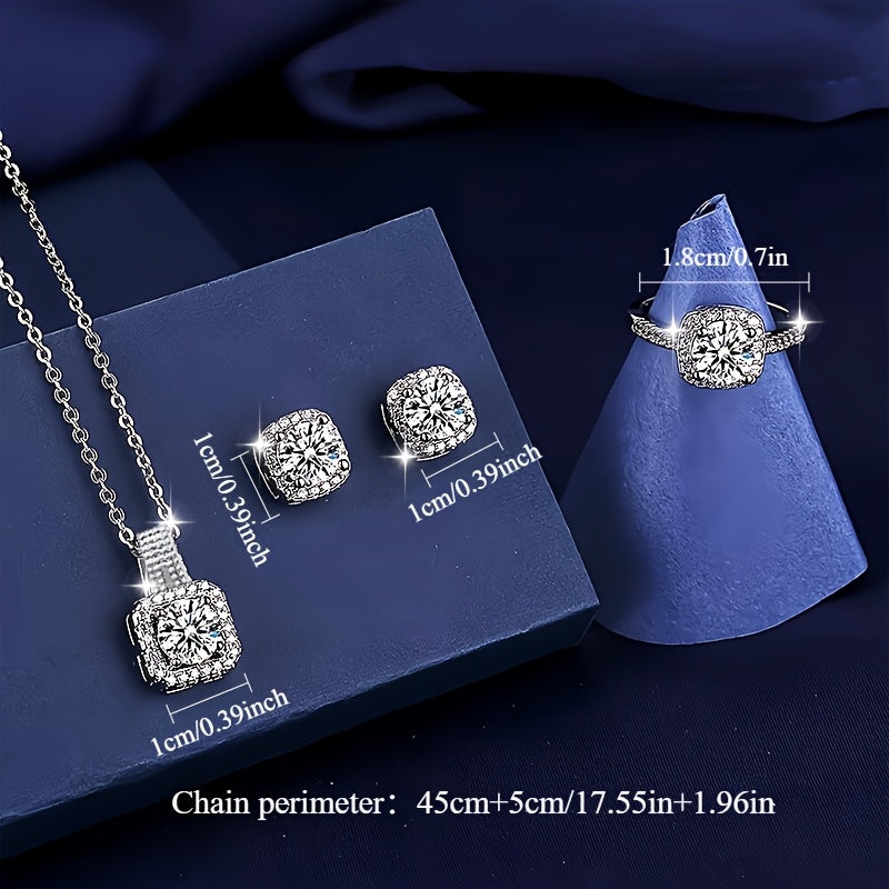 Elegante conjunto de jóias de moissanite banhado a prata 925 para mulheres - estilo simples e luxuoso, inclui anel, brincos, colar, mosaico de pedras naturais, uso diário e para presente, acessório para todas as estações-2T