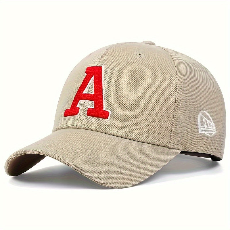 1pc Boné de basebol masculino com bordado de uma letra, chapéu de golfe para exterior ajustável com proteção UV, chapéu casual, adequado para viagens na primavera e no outono, viagens e festas à beira-mar-1A