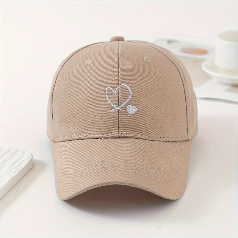 Boné de basebol feminino com duplo coração bordado, 100% poliéster, respirávelfabrico em tecido, ideal para vestuário diário e viagens-1A