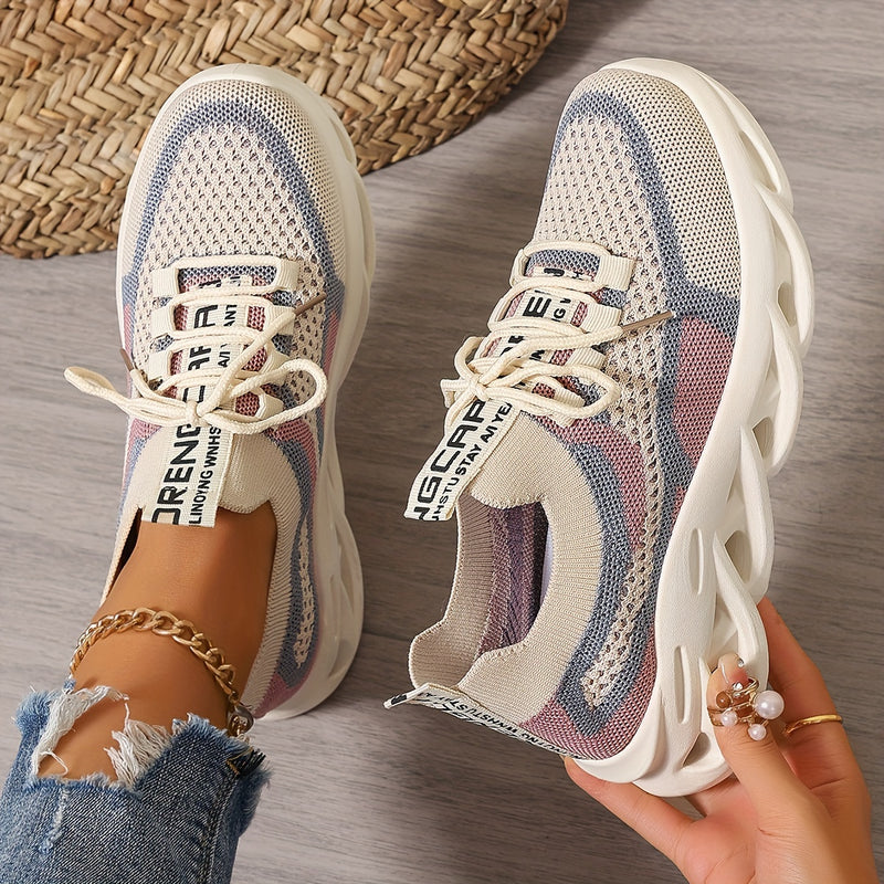 Sapatilhas atléticas femininas com bloco de cores, malha respirável, sapatos de corrida casuais, ténis leves e confortáveis com fecho de atacadores e sola de PVC resistente ao choque-2T