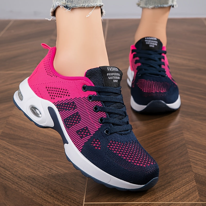 Ténis de corrida com almofada de ar para mulher - parte superior em malha respirável, sola leve e antiderrapante, calçado desportivo confortável para todas as estações em rosa e cinzento - 2T