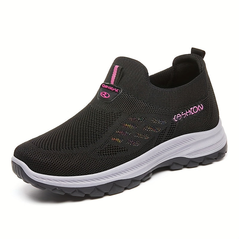 Sapatilhas de atletismo para mulheres na primavera e no outono - Sapatos de caminhada deslizantes e modernos, tecido de malha respirável, sapatos desportivos casuais de cano baixo confortáveis em roxo, vermelho e preto -2T