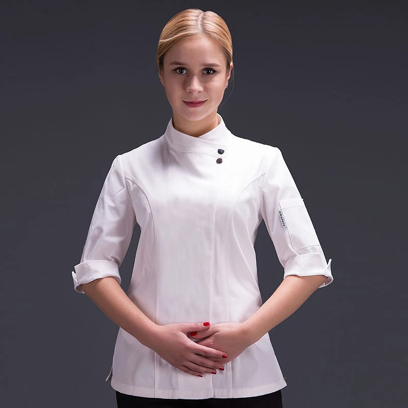 casaco de cozinha para chef de cozinha branco Hotel Uniforme verão restaurante empregado de mesa Roupa de trabalho casaco de cozinha para mulher-1A