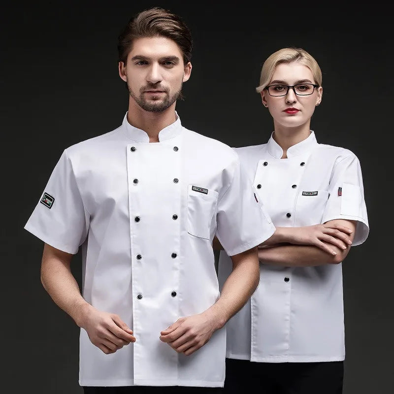 Fato de cozinheiro de malha respirável com mangas compridas para homens e mulheres, com mangas curtas, para hotelaria e restauração, uniformes de trabalho-1A