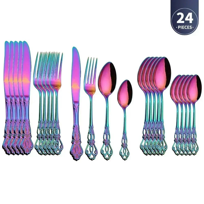 Conjunto de talheres de aço inoxidável dourado Colher europeia real Garfo Talheres de mesa Design retro -1A