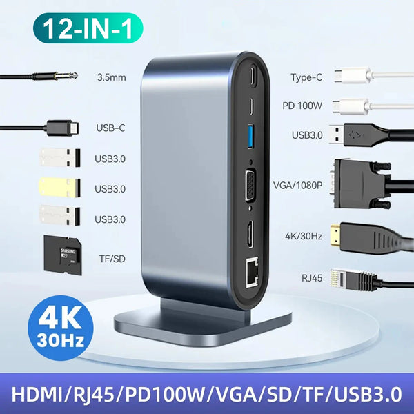Estação de ancoragem USB C PD 100W USB C HUB Tipo C para adaptador compatível com HDMI 4K 30Hz VGA RJ45 USB 3.0 HUB USB Splitter para MacBook-1A