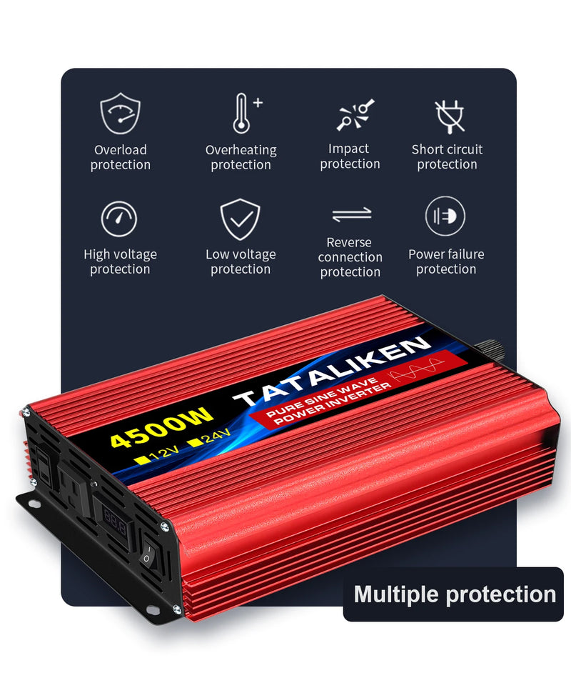1600w-4500W 12V/24V para AC 110V 60Hz Inversor de onda sinusoidal pura para automóvel Conversor de tensão portátil com ecrã LED-1A