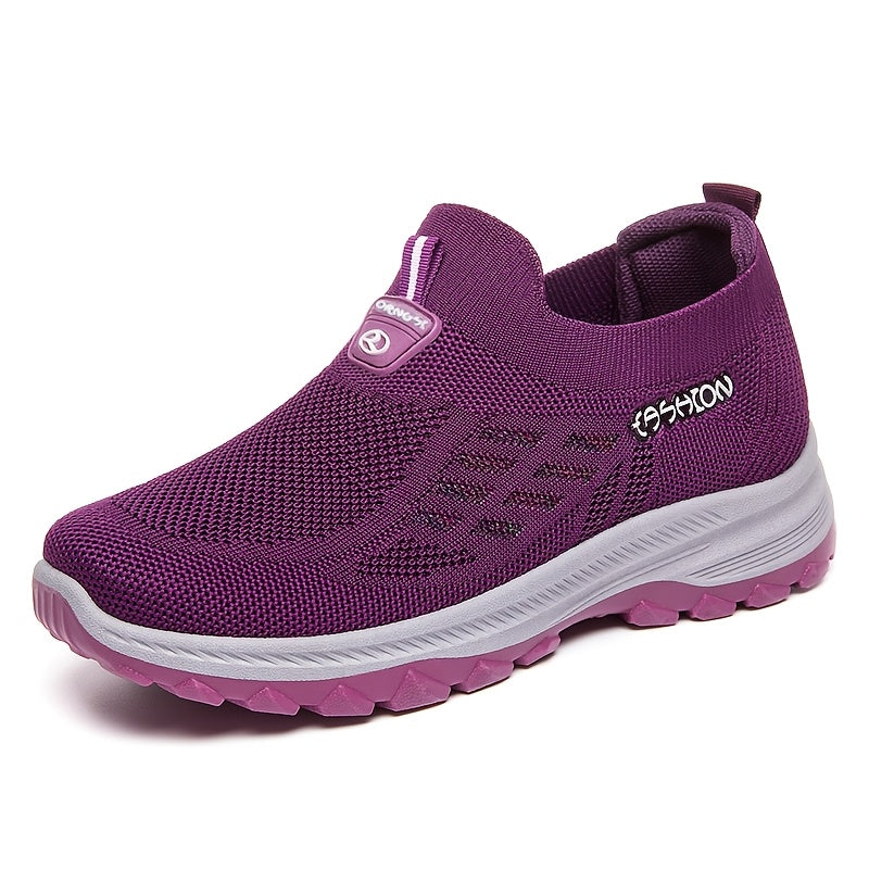 Sapatilhas de atletismo para mulheres na primavera e no outono - Sapatos de caminhada deslizantes e modernos, tecido de malha respirável, sapatos desportivos casuais de cano baixo confortáveis em roxo, vermelho e preto -2T