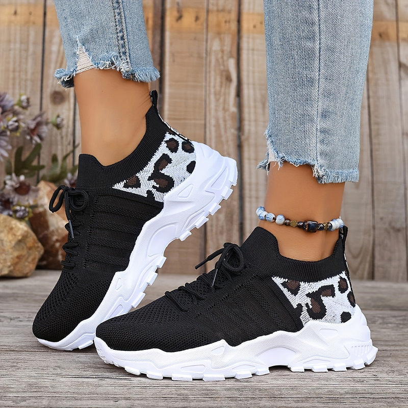 Sapatos de desporto casuais para mulher, Flying Woven Leopard Print Breathable Lace-up Running Shoes, sapatos de plataforma confortáveis 2T
