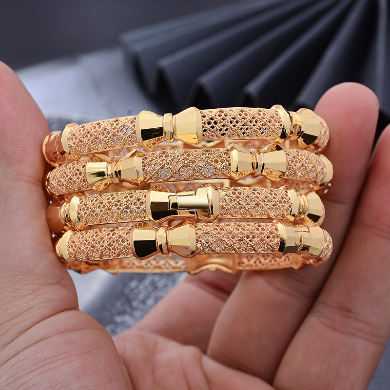 Luxuosas pulseiras de punho de moda feminina banhadas a ouro 4pcs, conjunto de pulseiras de cobre de estilo étnico para uso diário e celebrações-2T