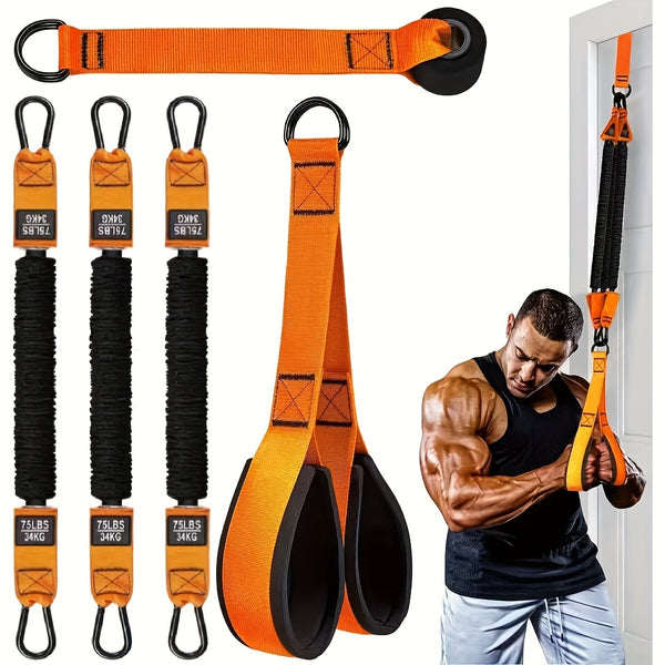 Um conjunto de 5 unidades de equipamento de treino de resistência em látex para trabalhos pesados com resistência ajustável, capacidade de suporte de peso de 102,06 kg, incluindo 1 pega, 1 âncora de porta e 3 bandas -2T