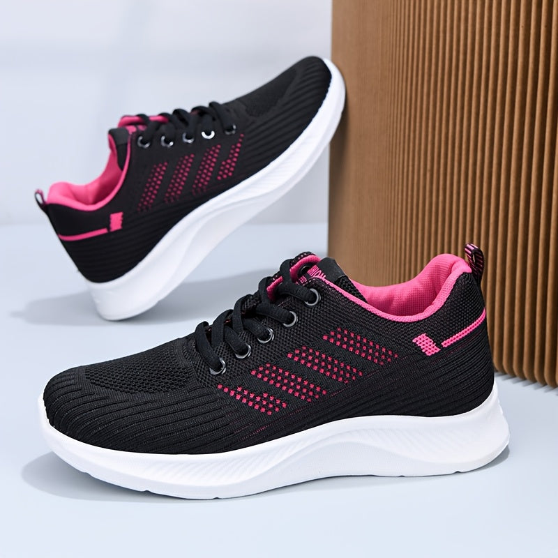 [1 par de ténis de corrida respiráveis para mulher] 1 par de ténis de corrida casuais respiráveis para mulher, tecido de cor sólida, sapatos de cano baixo com atacadores e sola em PVC para todas as estações -2T